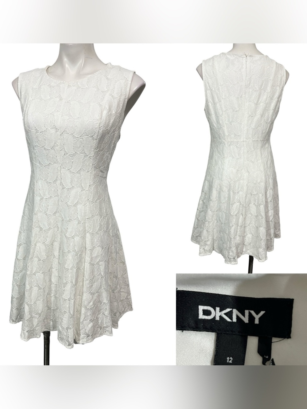 DKNY dress sz 12 White Sleeveless Lace‎ Fit-n-Flare cotton blend party office